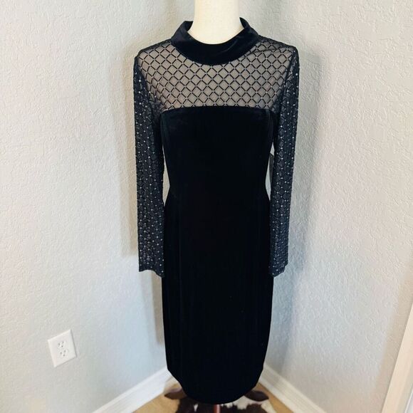 Eliza J Beaded Yoke Mixed Media Long Sleeve Sheath Dress, Black, Size 14, NWT - Picture 2 of 16